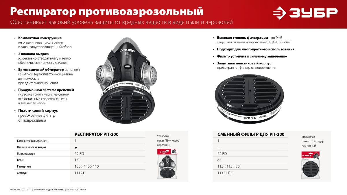 ЗУБР РП-200 фильтр марки Р2, в комплекте, противоаэрозольный респиратор 11121
