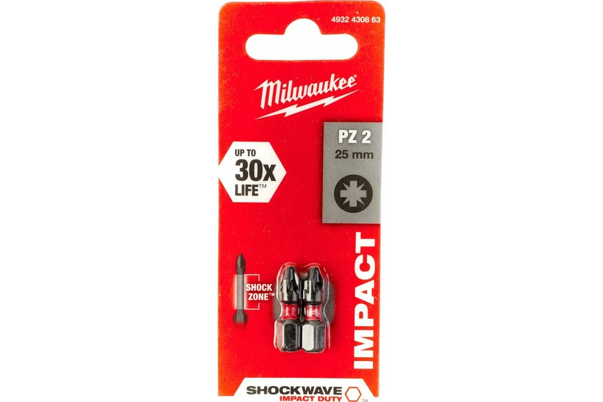 MILWAUKEE Набор бит Milwaukee SHOCKWAVE PZ2 25мм из 2 штук, упак 4932430863