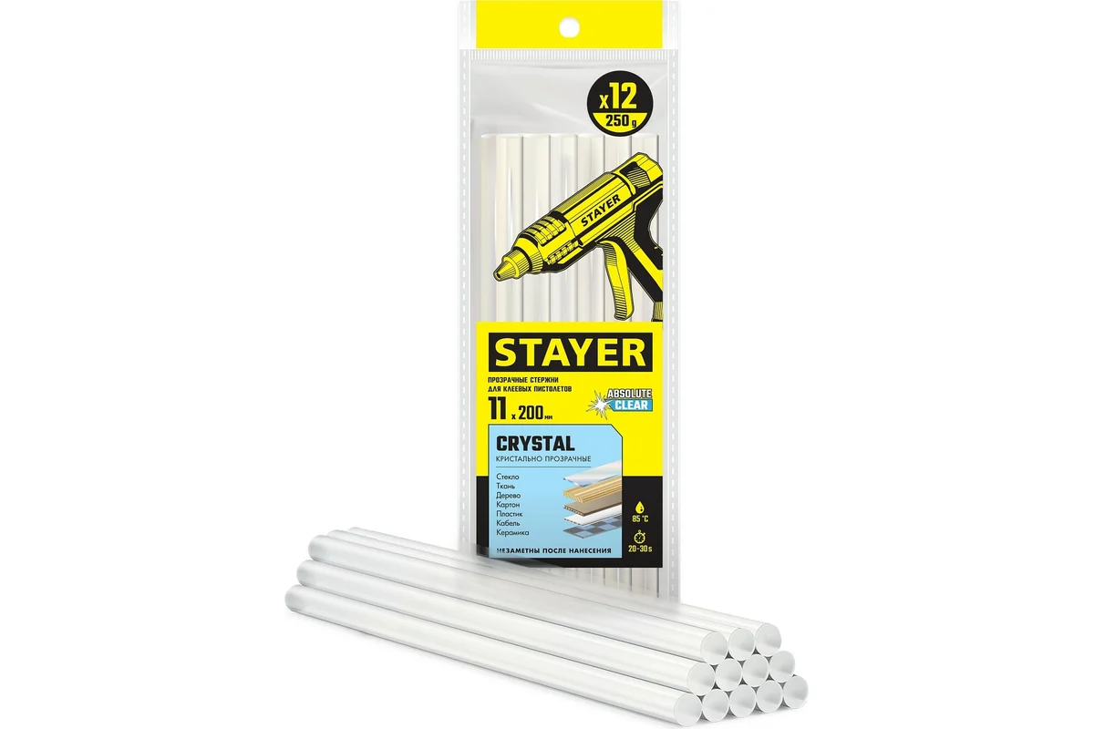 STAYER Cristal 11*200 мм,12 шт, универсальные клеевые стержни прозрачные 0682-12