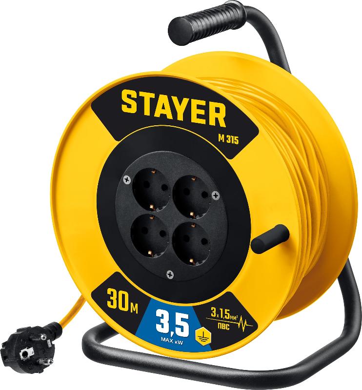 STAYER Удлинитель на катушке MS 315, 30 м, 3500 Вт, заземление, 4 гнезда, ПВС 3x1,5 кв мм, STAYER 55078-30_z01