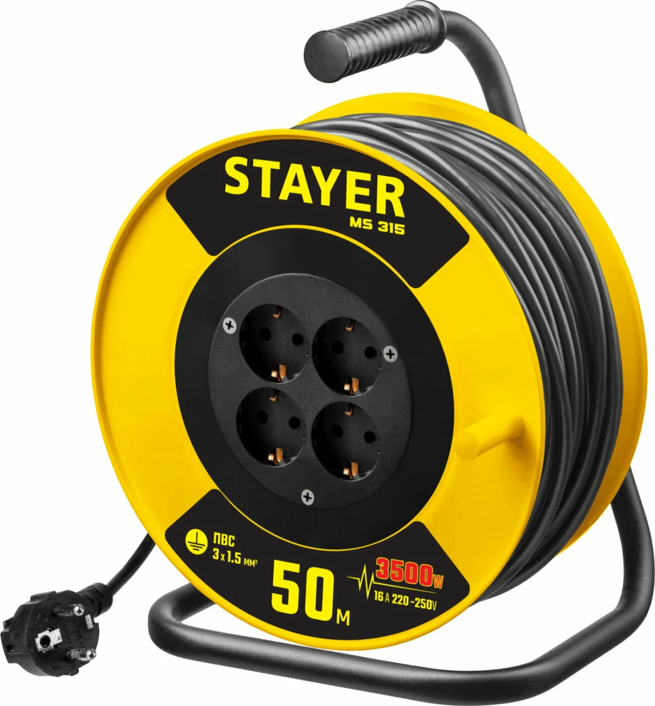 STAYER Удлинитель на катушке силовой 50 м, 3500 Вт ПВС 3x1,5 кв мм STAYER 55078-50_z01
