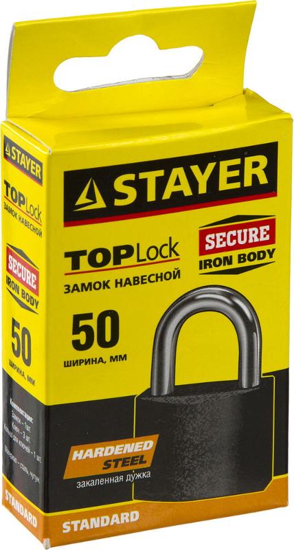 STAYER Замок STAYER "STANDARD" навесной, металлический корпус, закаленная дужка, 50 мм 37160-50