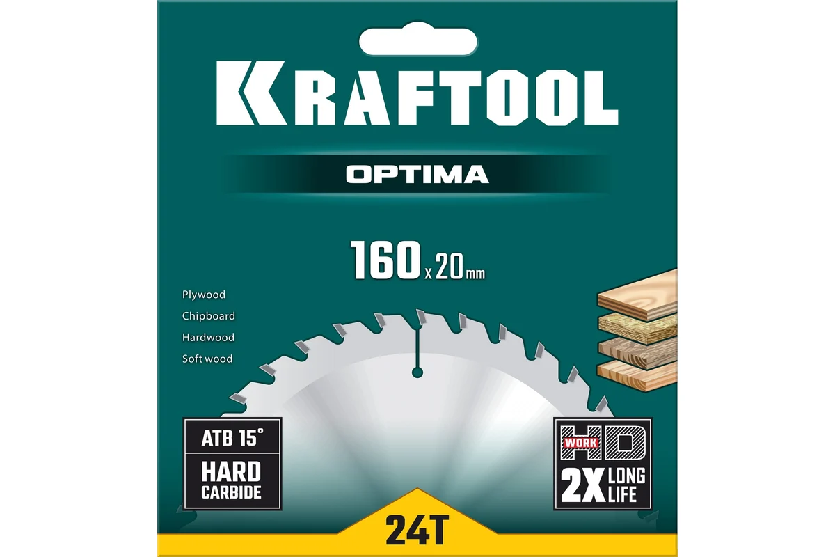 KRAFTOOL Пильный диск по дереву Optima, 160*20мм, 24Т 36951-160-20