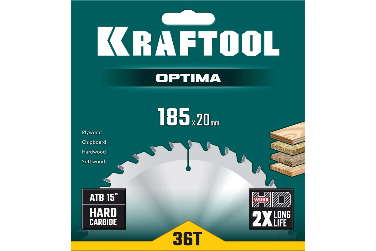 KRAFTOOL Пильный диск по дереву Optima, 185*20мм, 36Т 36951-185-20