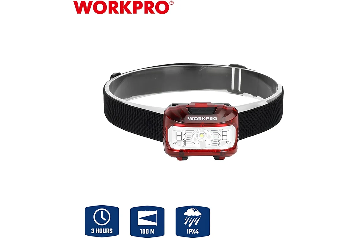 WORKPRO Фонарик налобный, светодиодный 80-300LM, 3AAA, красный WORKPRO WP353000