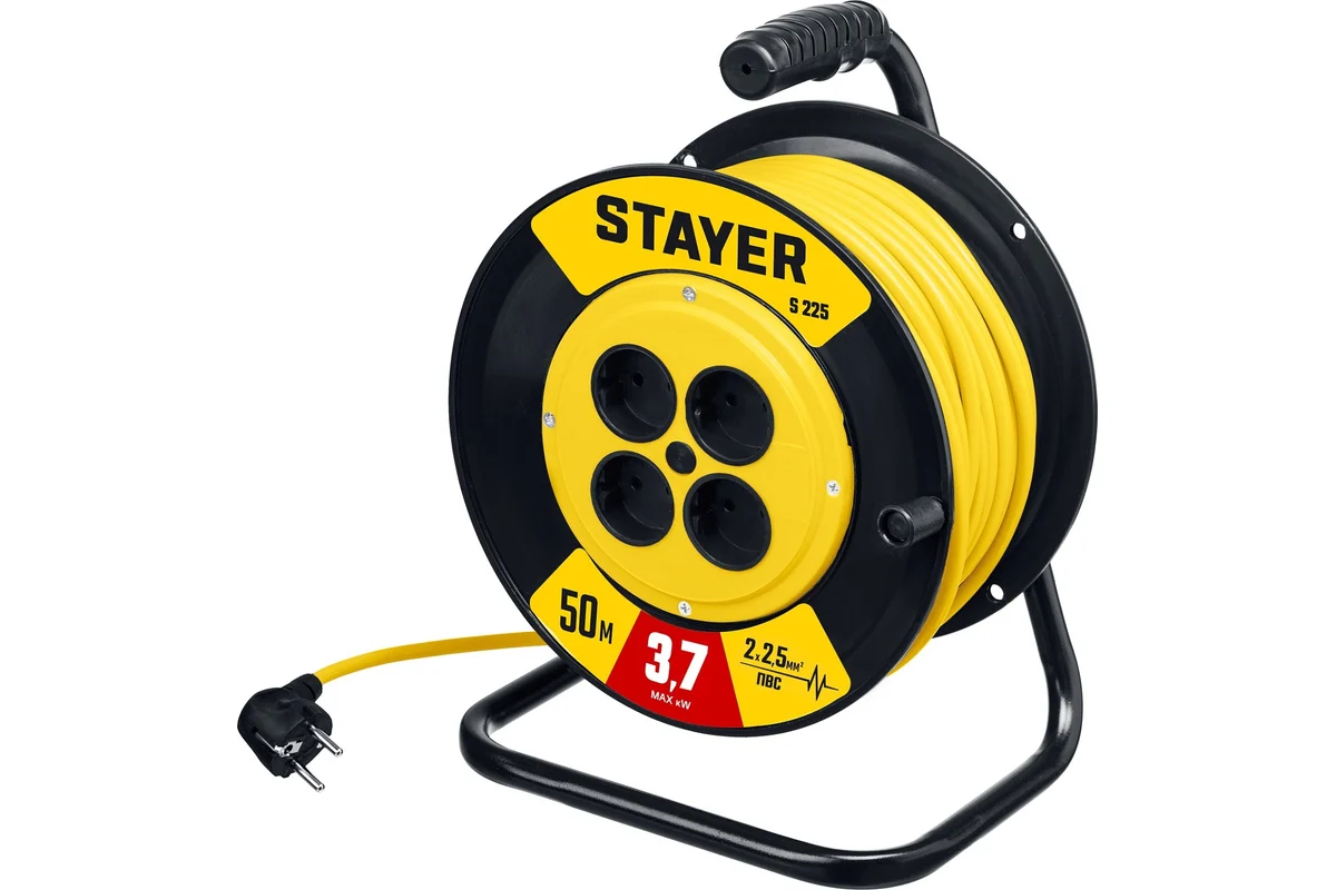 STAYER S-225, Силовой удлинитель на катушке ПВС, 2*2,5 мм2, 50 м, 3750 ВТ, IP44 55070-50