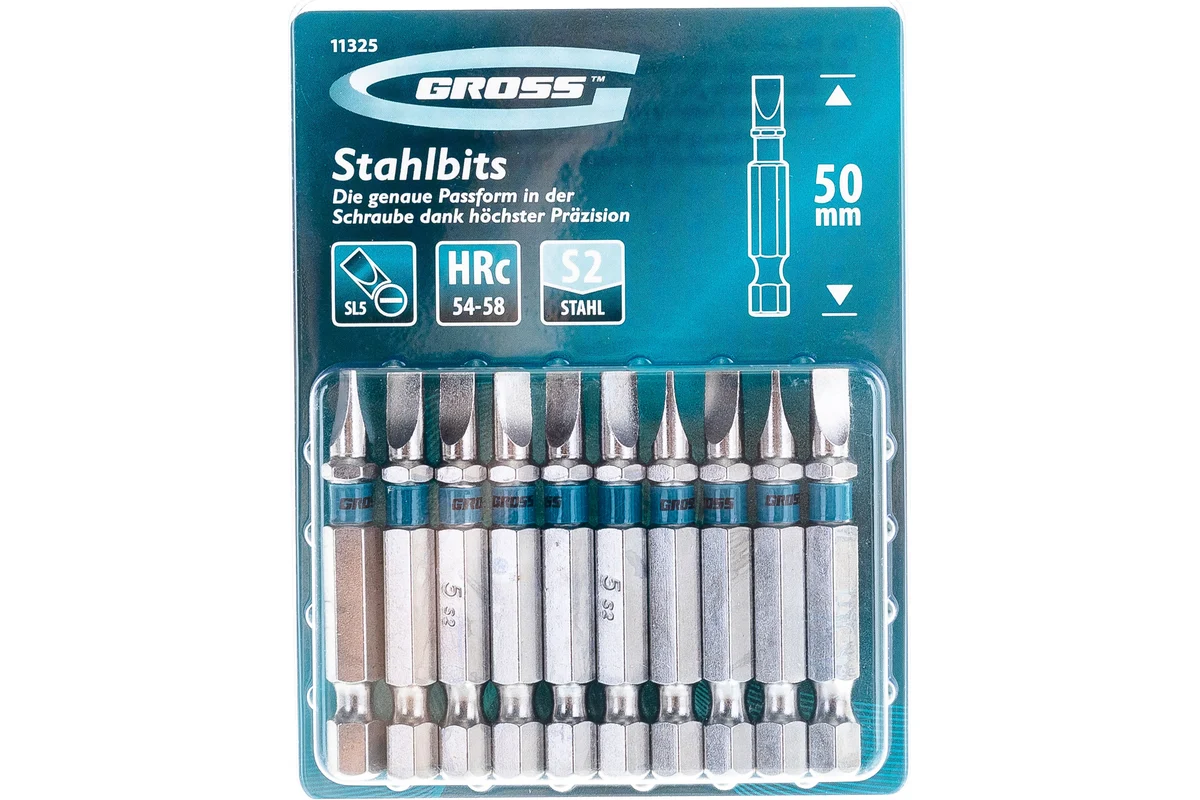 GROSS Набор бит SL5,0х50, сталь S2, 10шт.// Gross 11325