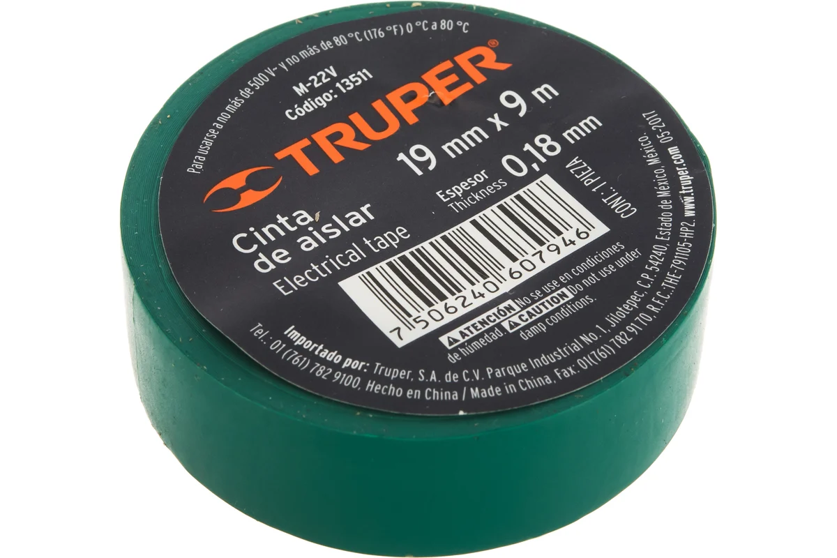 TRUPER Изолента, акрил, 9 м. ширина 19 мм зеленая M-22V 13511, шт 13511