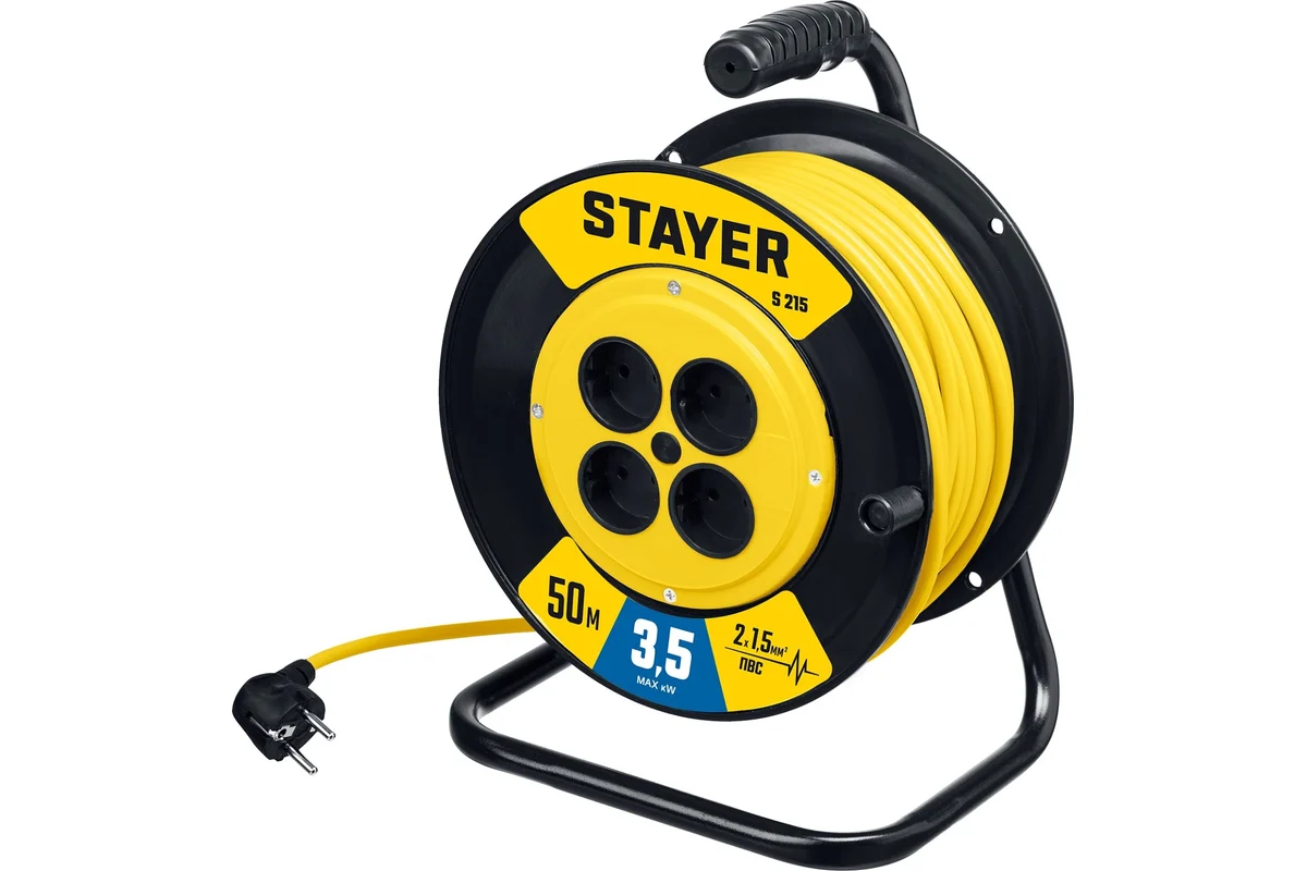 STAYER S-215, Силовой удлинитель на катушке ПВС, 2*1,5 мм2, 50 м, 3500 ВТ 55072-50
